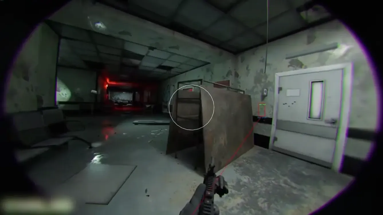 Bodycam gameplay with player ESP boxes and distance labels in an interior map.